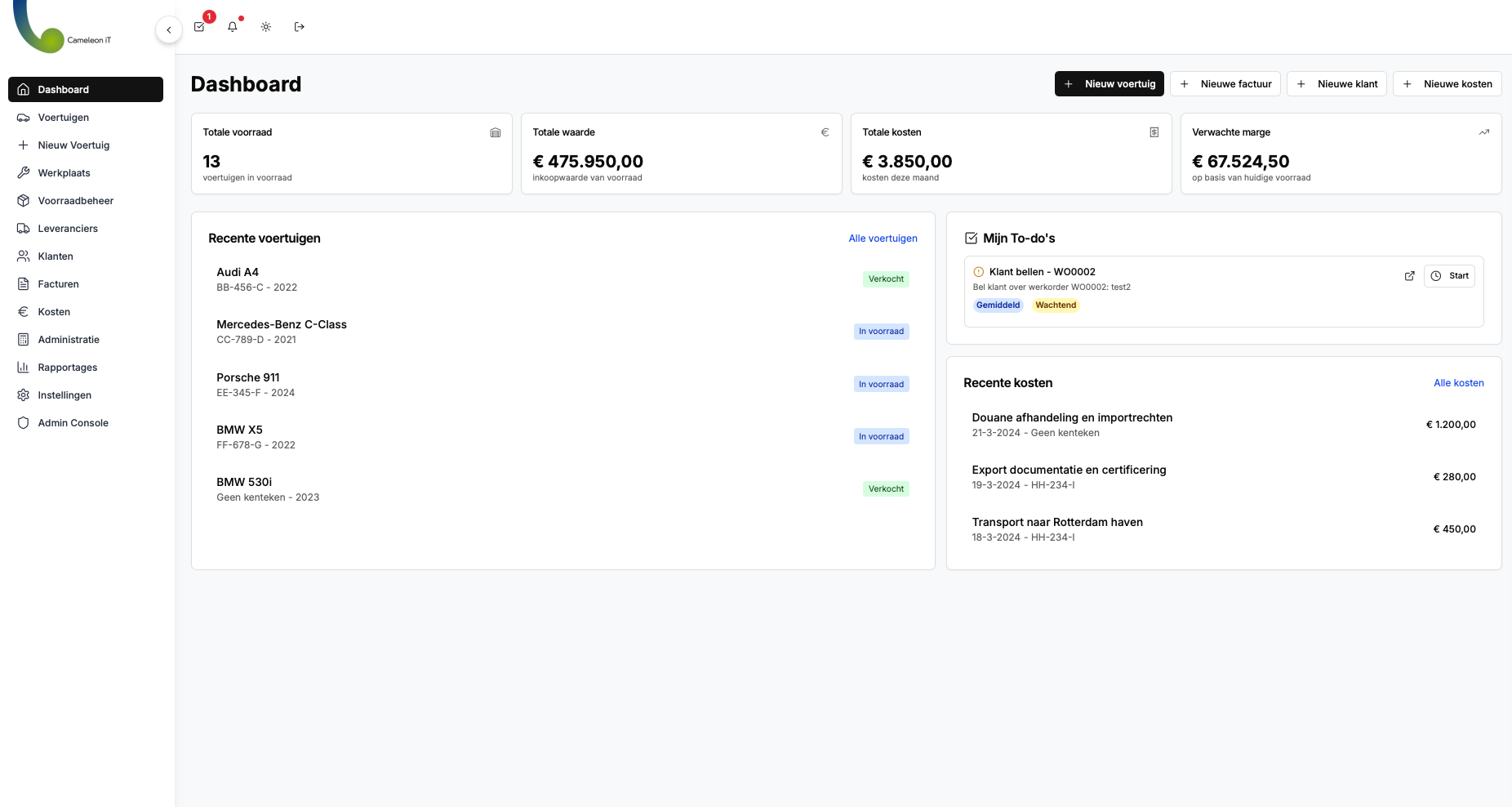 Dashboard met totale voorraad en marges (light)